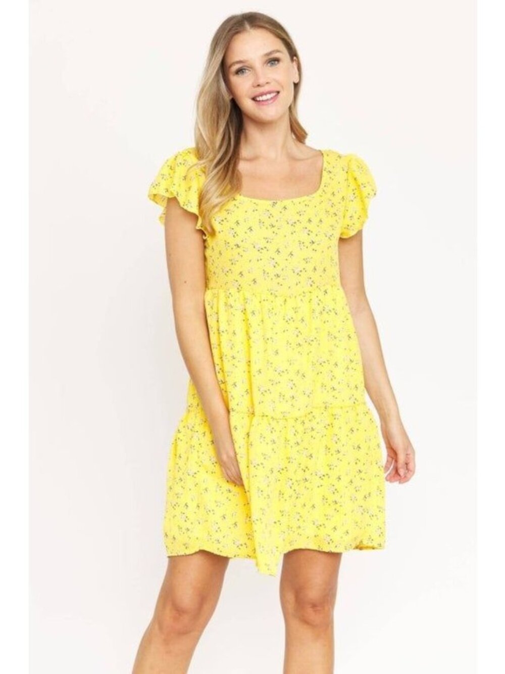 Yellow Floral Ruffle Sleeve Sundress - XL Women's Summer Casual Dress - Square N